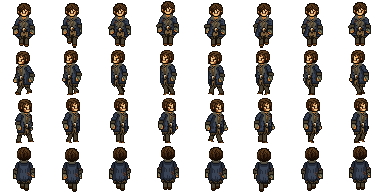 Spritesheet: acht Laufframes in vier Blickrichtungen