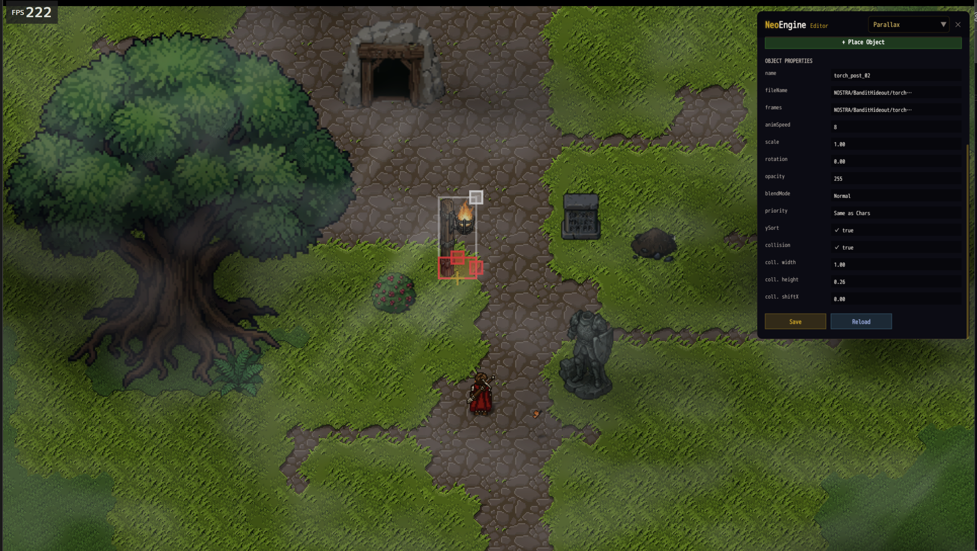 NeoEngine Parallax editor with freely placed objects and a collision box